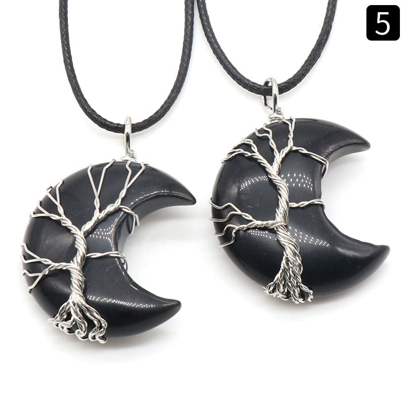Sliver Life Tree Wrapped Crystal Moon Necklace