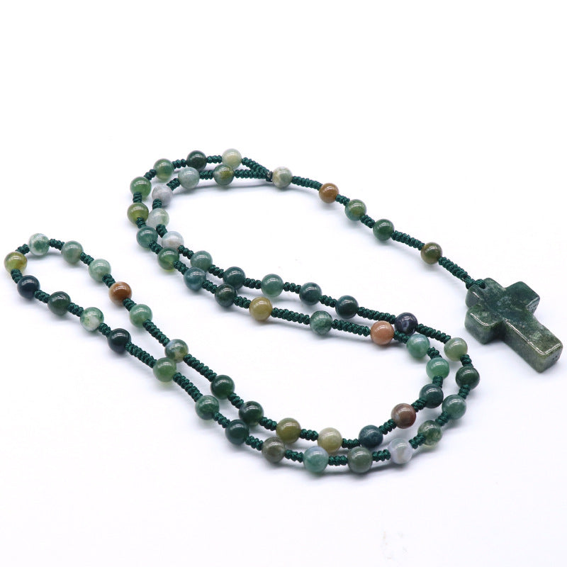 Prayer Bead Crystal Cross Necklace
