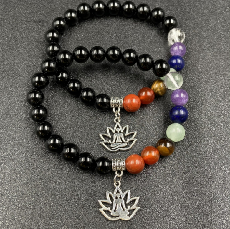 Obsidian&Chakra Beads Yoga Charm Bracelet