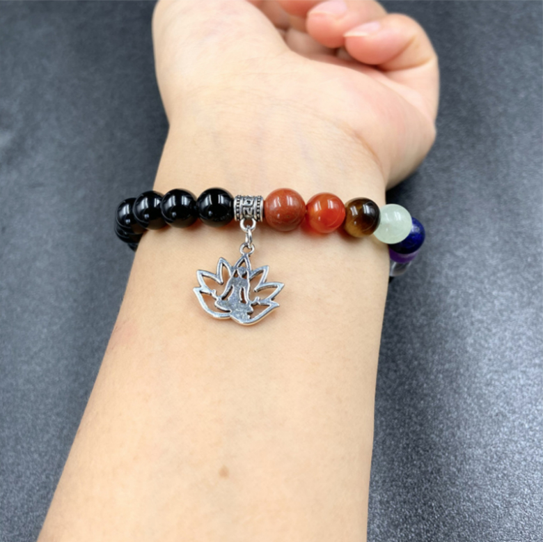 Obsidian&Chakra Beads Yoga Charm Bracelet