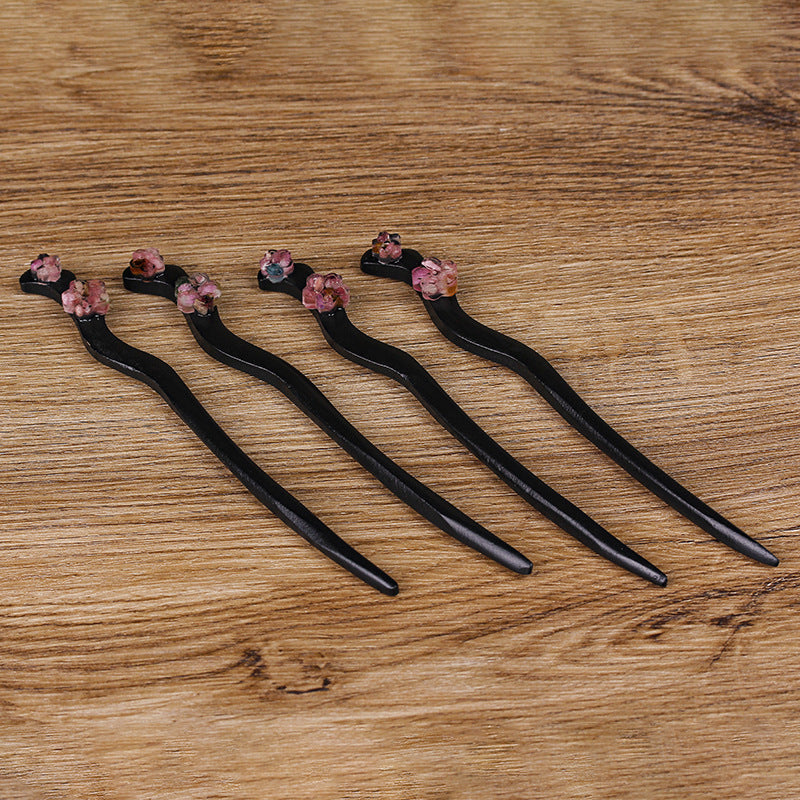 Tourmaline Chip Resin Plum Blossom Wooden Hair Stick