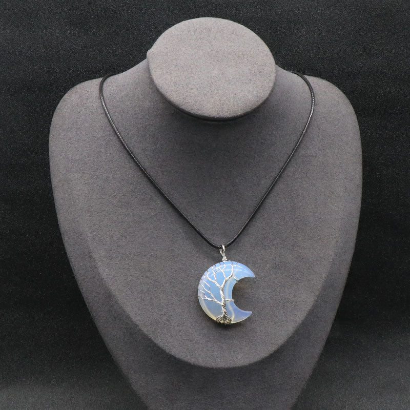 Sliver Life Tree Wrapped Crystal Moon Necklace