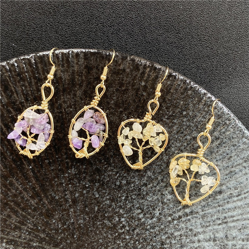 Crystal Chip Life Tree Gold Oval Earring