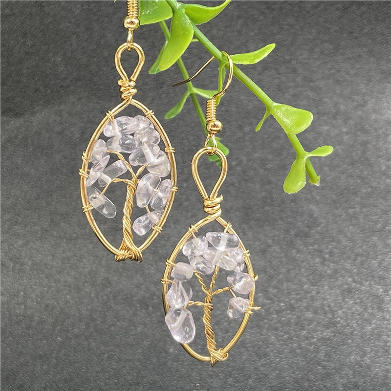 Crystal Chip Life Tree Gold Oval Earring