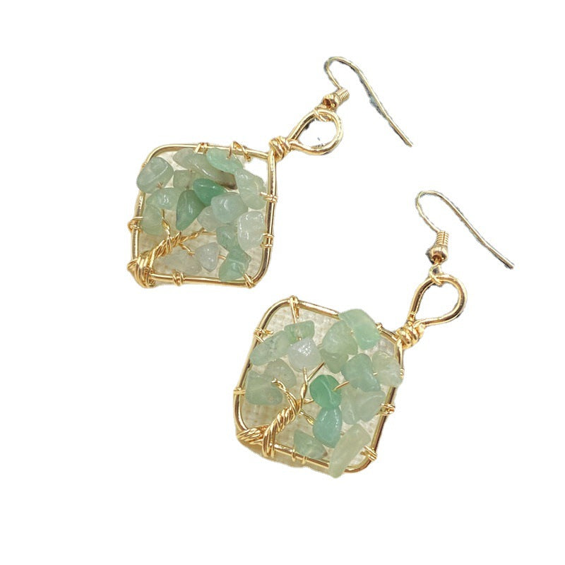 Crystal Chip Life Tree Gold Oval Earring