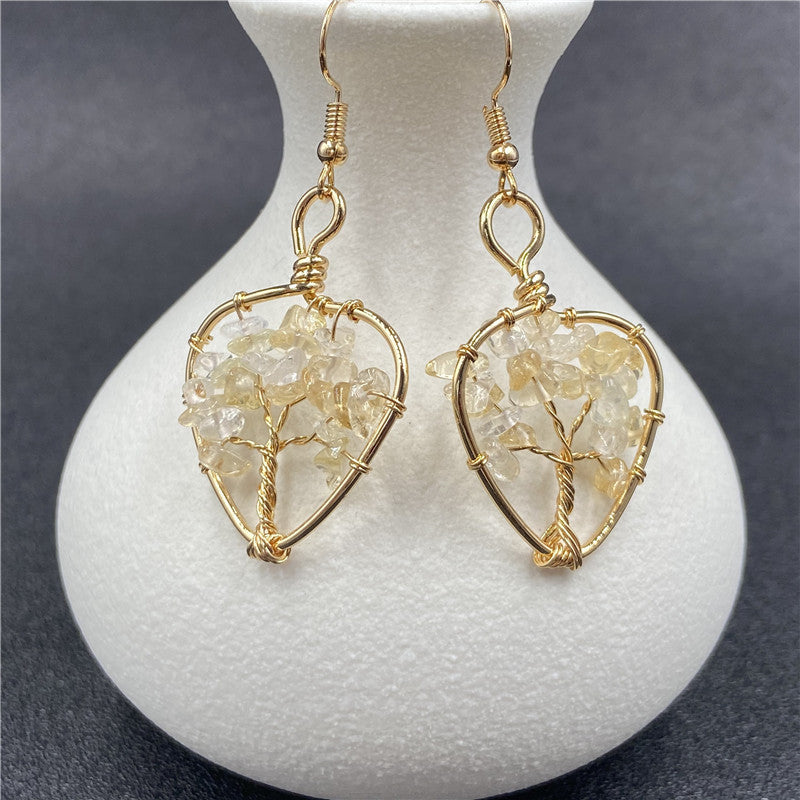 Crystal Chip Life Tree Gold Oval Earring