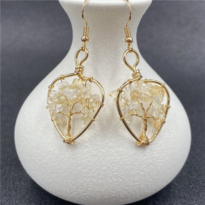 Crystal Chip Life Tree Gold Oval Earring