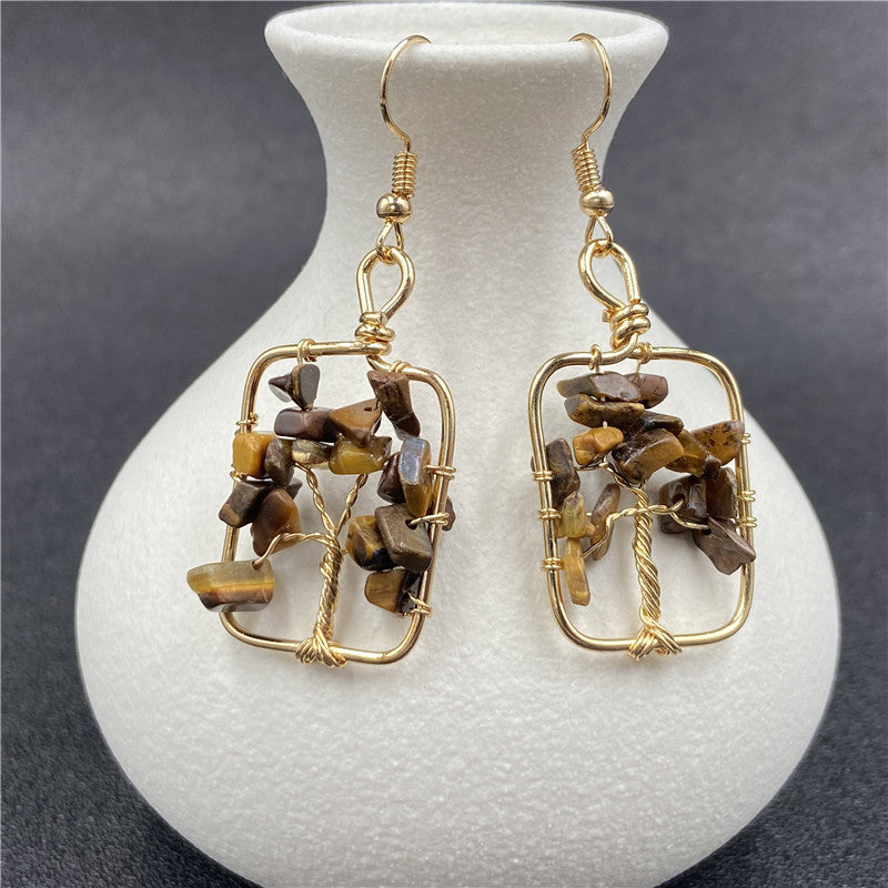 Crystal Chip Life Tree Gold Oval Earring