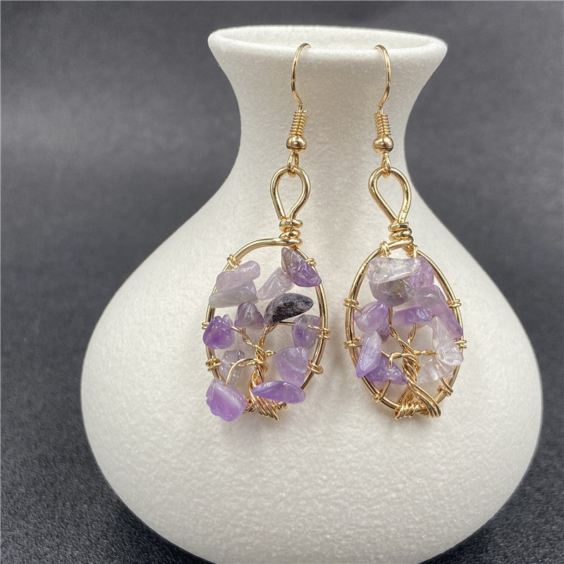 Crystal Chip Life Tree Gold Oval Earring