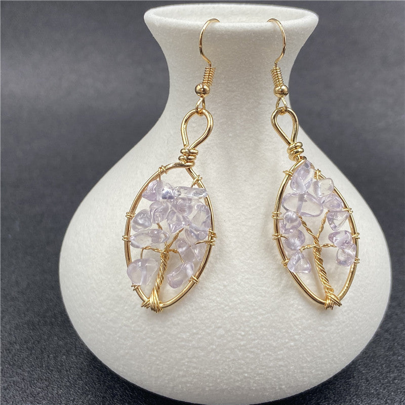 Crystal Chip Life Tree Gold Oval Earring