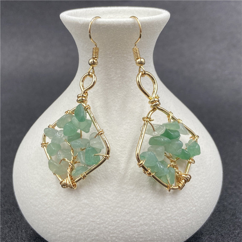 Crystal Chip Life Tree Gold Oval Earring