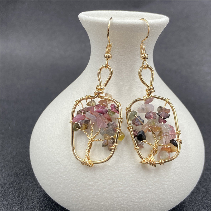 Crystal Chip Life Tree Gold Oval Earring