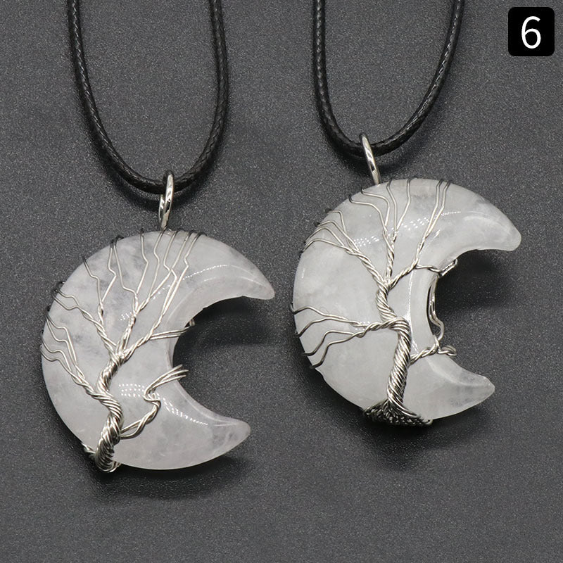Sliver Life Tree Wrapped Crystal Moon Necklace